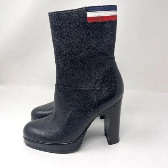 Vintage Tommy Hilfiger womans Black leather heel ankle booties 5.5M platform Y2K