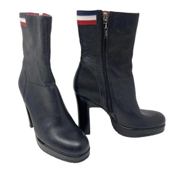 Vintage Tommy Hilfiger womans Black leather heel ankle booties 5.5M platform Y2K