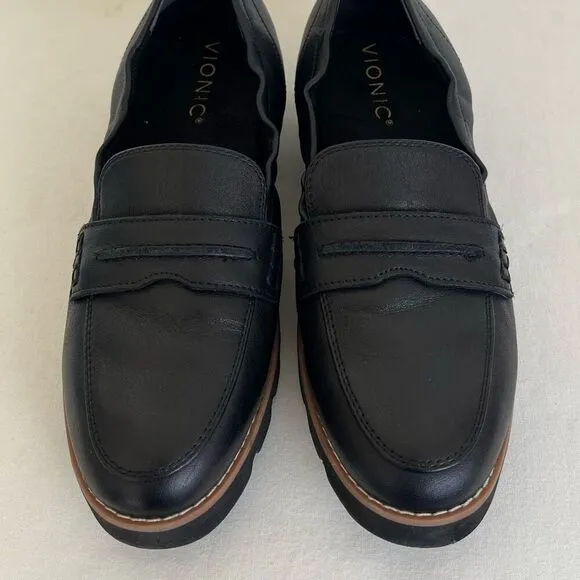 Vionic Cynthia II Lug Sole Penny Loafers Womens 6.5 Slip On Ballet Black Leather