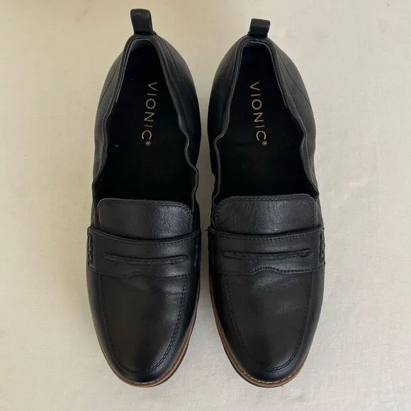 Vionic Cynthia II Lug Sole Penny Loafers Womens 6.5 Slip On Ballet Black Leather