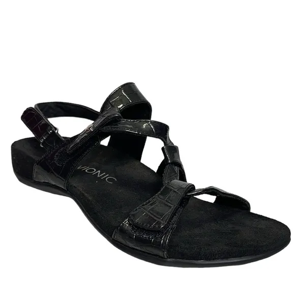 Vionic Paros Sz 9 Sandals Patent Leather Sling Back Straps Black Almost New