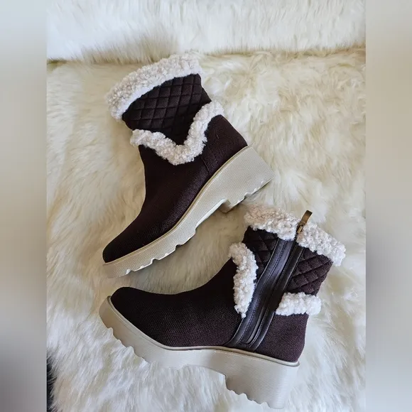 Vivaia EMILIA Fluffy Round-Toe Platform Chunky Wedge Boots In Dark Chocolate