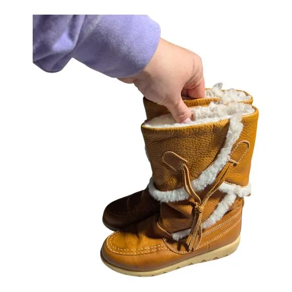 Vtg 1970s Cherokee Orange Brown Leather Faux Shearling Lined Mukluk Boots Sz 6