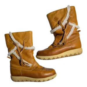 Vtg 1970s Cherokee Orange Brown Leather Faux Shearling Lined Mukluk Boots Sz 6