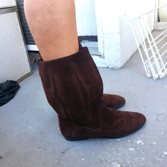 Vtg 80s brown Suede boho western  boots mid calf barrel shaft boots 9