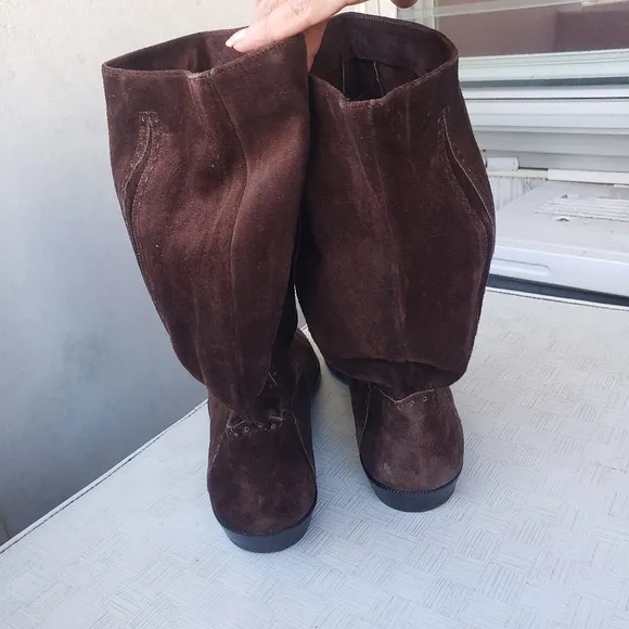 Vtg 80s brown Suede boho western  boots mid calf barrel shaft boots 9