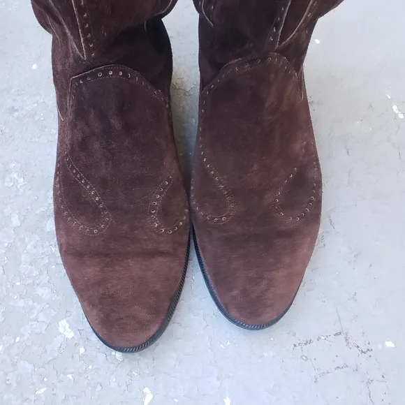 Vtg 80s brown Suede boho western  boots mid calf barrel shaft boots 9