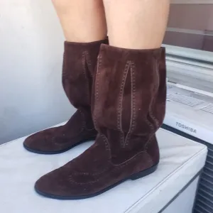 Vtg 80s brown Suede boho western  boots mid calf barrel shaft boots 9