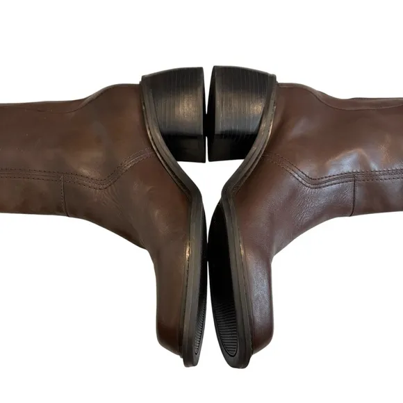 Vtg 90’s Tommy Hilfiger Brown Leather Super Chunky Heel Mid Calf Boots, Sz 9.5