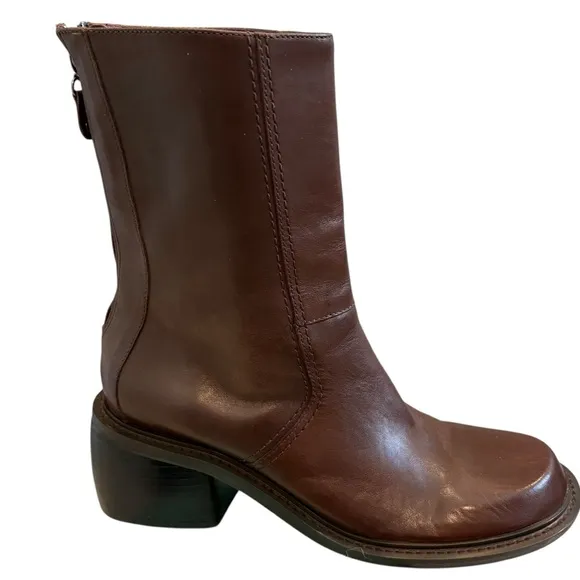 Vtg 90’s Tommy Hilfiger Brown Leather Super Chunky Heel Mid Calf Boots, Sz 9.5