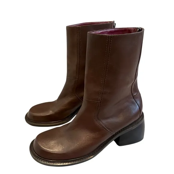 Vtg 90’s Tommy Hilfiger Brown Leather Super Chunky Heel Mid Calf Boots, Sz 9.5