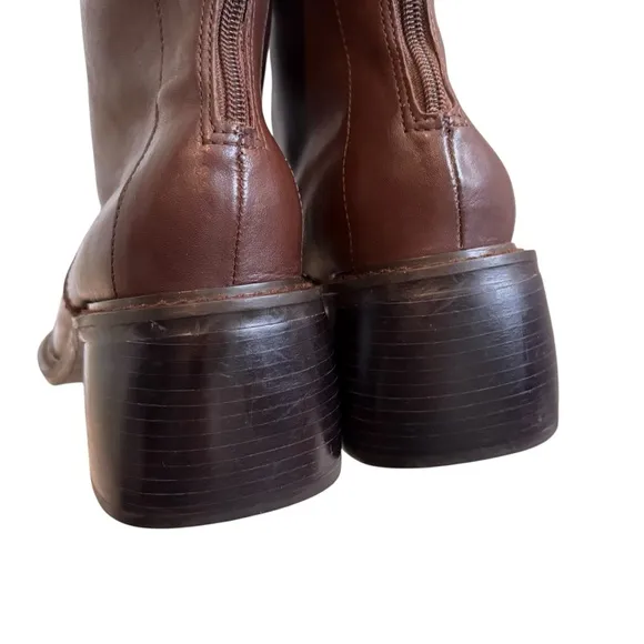 Vtg 90’s Tommy Hilfiger Brown Leather Super Chunky Heel Mid Calf Boots, Sz 9.5