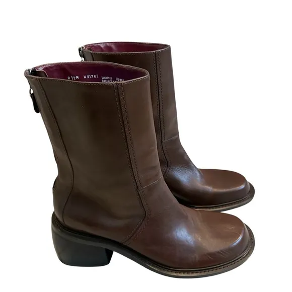 Vtg 90’s Tommy Hilfiger Brown Leather Super Chunky Heel Mid Calf Boots, Sz 9.5