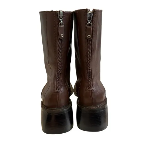 Vtg 90’s Tommy Hilfiger Brown Leather Super Chunky Heel Mid Calf Boots, Sz 9.5