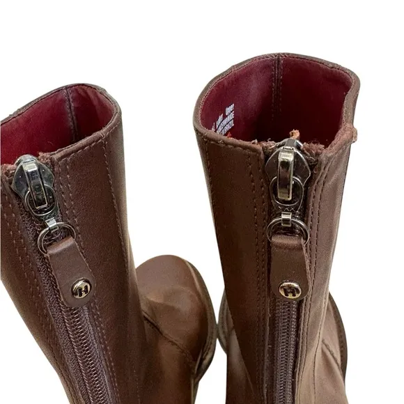 Vtg 90’s Tommy Hilfiger Brown Leather Super Chunky Heel Mid Calf Boots, Sz 9.5