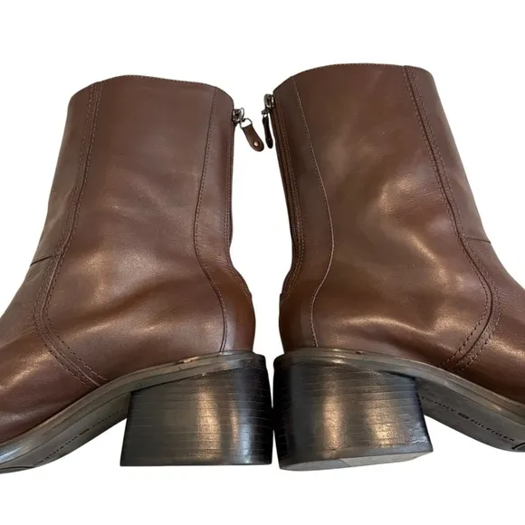 Vtg 90’s Tommy Hilfiger Brown Leather Super Chunky Heel Mid Calf Boots, Sz 9.5