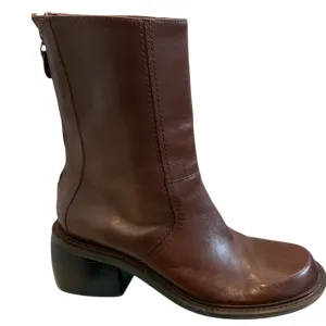 Vtg 90’s Tommy Hilfiger Brown Leather Super Chunky Heel Mid Calf Boots, Sz 9.5