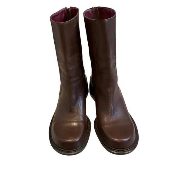 Vtg 90’s Tommy Hilfiger Brown Leather Super Chunky Heel Mid Calf Boots, Sz 9.5