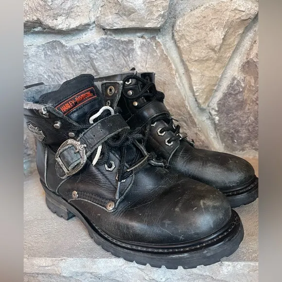 Vtg Harley Davidson: Black Leather Boots Chunky Platform 90s Y2K Biker Sz 9 Moto