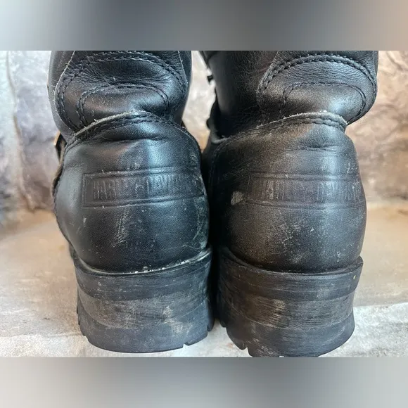 Vtg Harley Davidson: Black Leather Boots Chunky Platform 90s Y2K Biker Sz 9 Moto