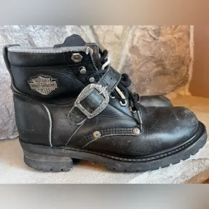 Vtg Harley Davidson: Black Leather Boots Chunky Platform 90s Y2K Biker Sz 9 Moto
