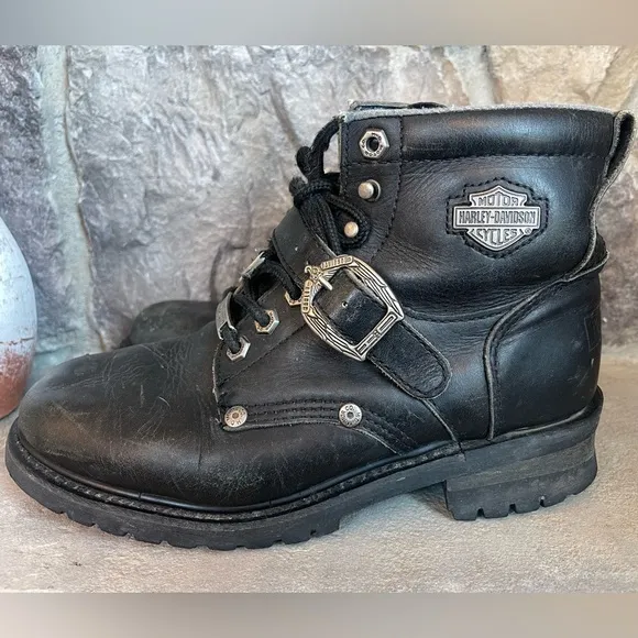 Vtg Harley Davidson: Black Leather Boots Chunky Platform 90s Y2K Biker Sz 9 Moto