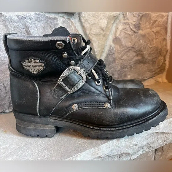 Vtg Harley Davidson: Black Leather Boots Chunky Platform 90s Y2K Biker Sz 9 Moto