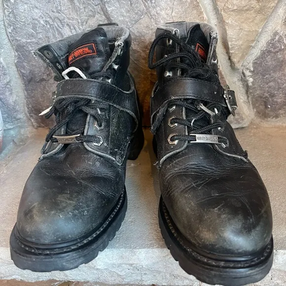 Vtg Harley Davidson: Black Leather Boots Chunky Platform 90s Y2K Biker Sz 9 Moto