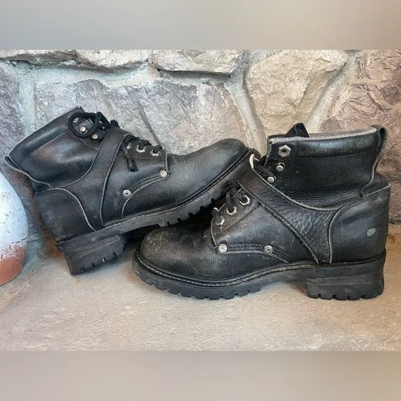 Vtg Harley Davidson: Black Leather Boots Chunky Platform 90s Y2K Biker Sz 9 Moto