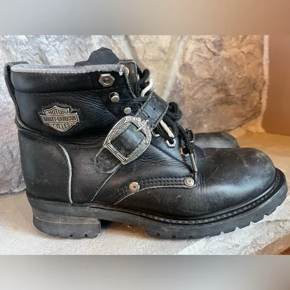 Vtg Harley Davidson: Black Leather Boots Chunky Platform 90s Y2K Biker Sz 9 Moto