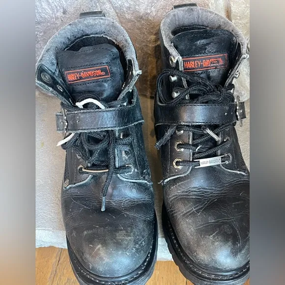 Vtg Harley Davidson: Black Leather Boots Chunky Platform 90s Y2K Biker Sz 9 Moto