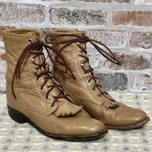 Vtg Justin Leather Lace-up Roper Boots Western Cowgirl Kiltie‎ Fringe Tan 7B