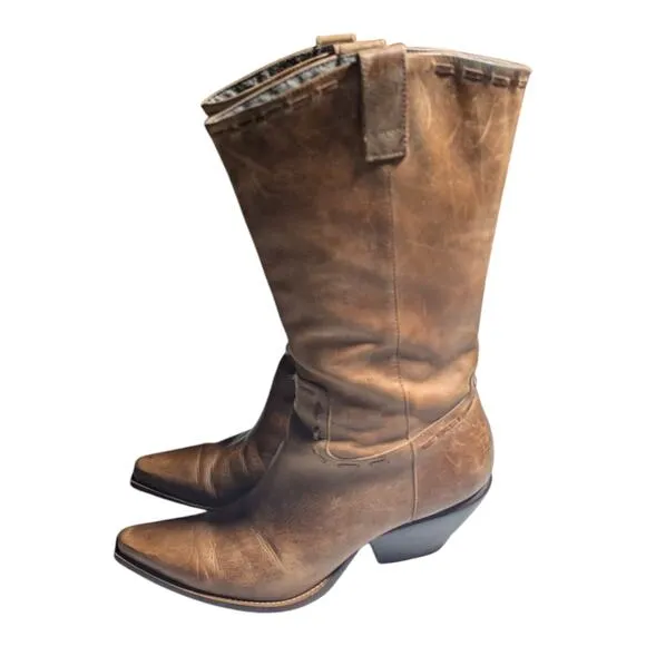 Vtg Y2K BCBGirls Taupe Brown Leather Pointed Toe Cuban Heel Western Boots Sz 8.5