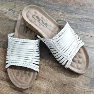 Walking Cradles White Strappy Leather Cork Heel Slip On Flat Sandals 6