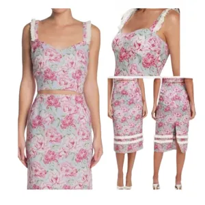 WAYF Tamera Fringe Crop Top &amp; Midi Skirt Set, Size M, Blue   Pink Floral NWoT!