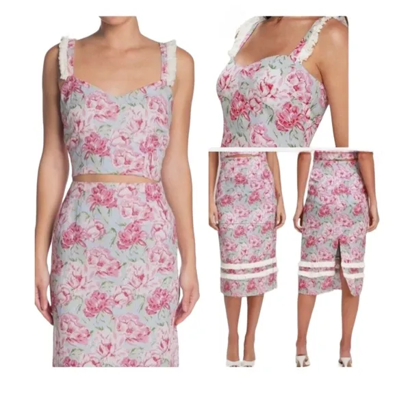 WAYF Tamera Fringe Crop Top &amp; Midi Skirt Set, Size M, Blue   Pink Floral NWoT!