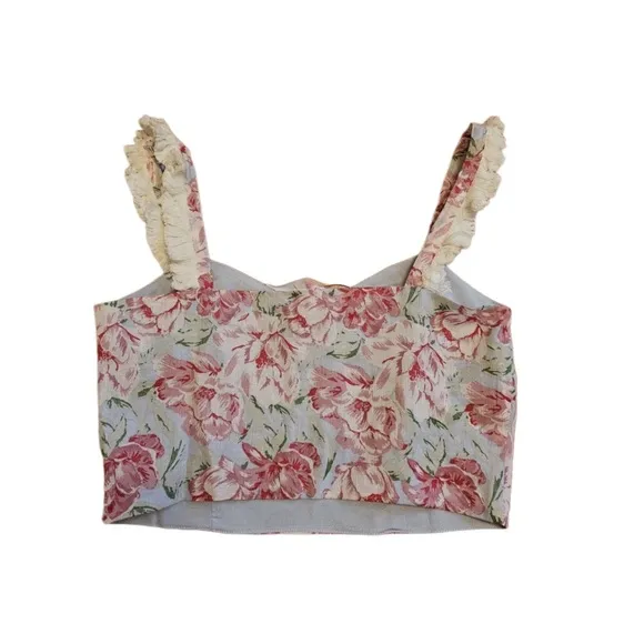 WAYF Tamera Fringe Crop Top &amp; Midi Skirt Set, Size M, Blue   Pink Floral NWoT!