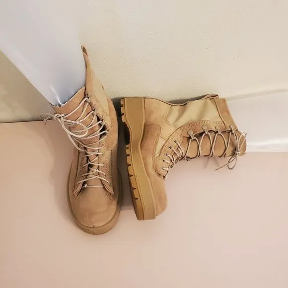 Wellco Military Combat Lace Up 6.5W Tan Leather Hot Boots Chunky