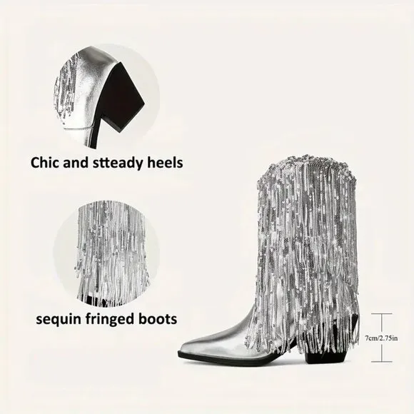 Western Tassels Chunky Heel Boot (Color: Silvery Grey)