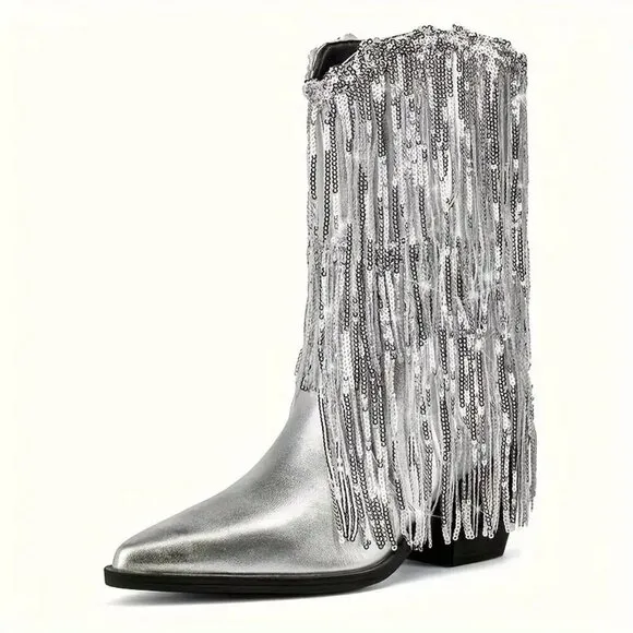 Western Tassels Chunky Heel Boot (Color: Silvery Grey)