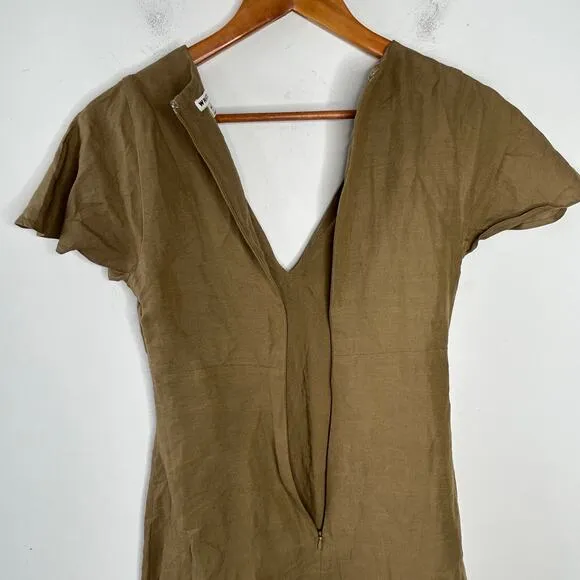 WHISTLES Frill Sleeve Midi Dress Womens Size 2 Linen Cotton Minimalist Olive