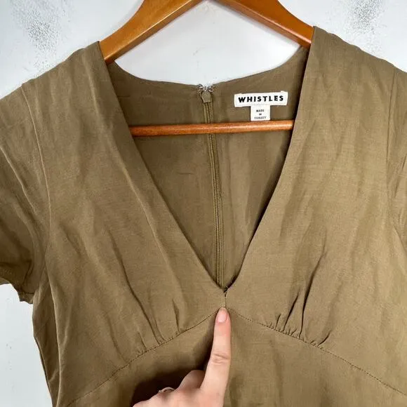 WHISTLES Frill Sleeve Midi Dress Womens Size 2 Linen Cotton Minimalist Olive