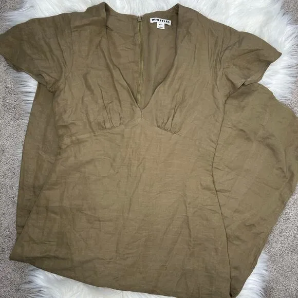WHISTLES Frill Sleeve Midi Dress Womens Size 2 Linen Cotton Minimalist Olive