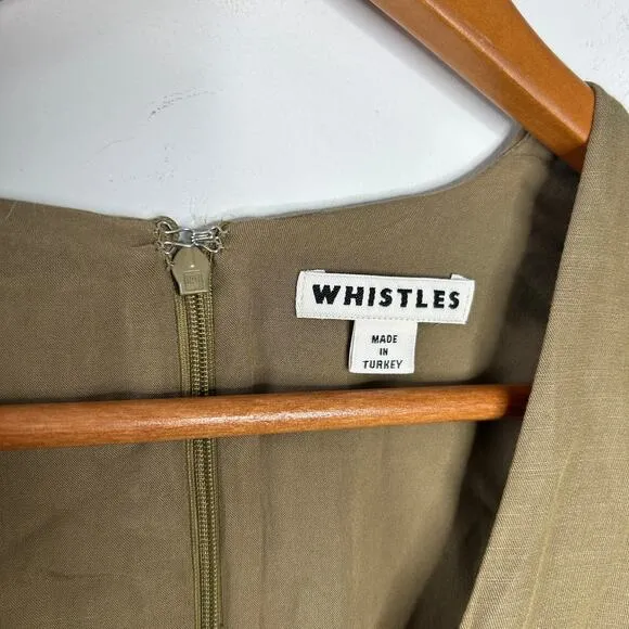 WHISTLES Frill Sleeve Midi Dress Womens Size 2 Linen Cotton Minimalist Olive