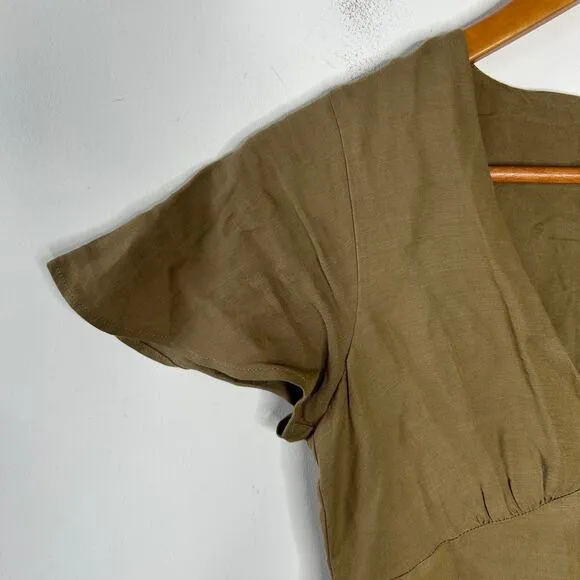 WHISTLES Frill Sleeve Midi Dress Womens Size 2 Linen Cotton Minimalist Olive