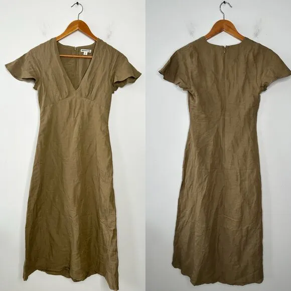 WHISTLES Frill Sleeve Midi Dress Womens Size 2 Linen Cotton Minimalist Olive