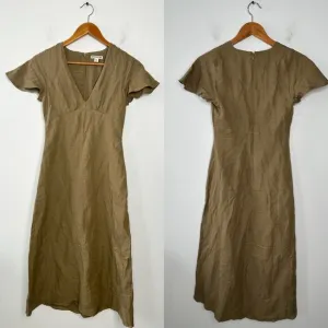 WHISTLES Frill Sleeve Midi Dress Womens Size 2 Linen Cotton Minimalist Olive
