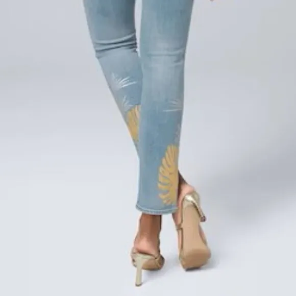 WHITE HOUSE BLACK MARKET THE SLIM CROP MID RISE FOIL METALLIC PALM TROPICAL 0S