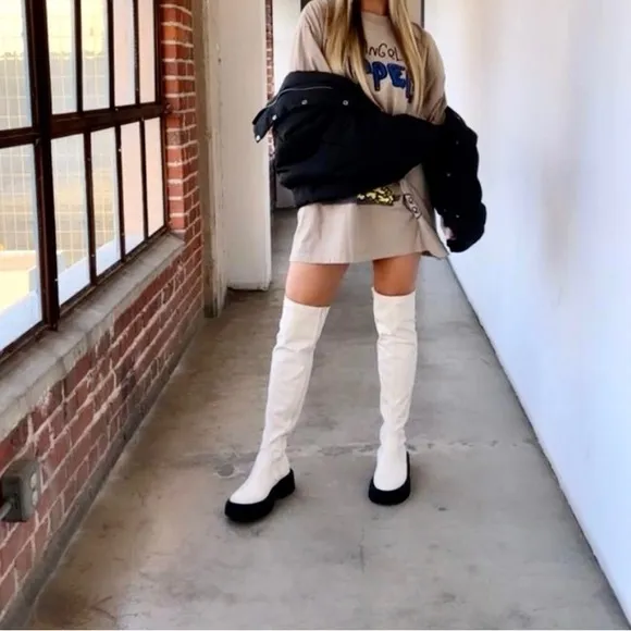 White Leather Over The Knee Chunky Boots