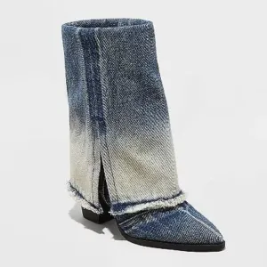 Wild Fable Women's Denim Jeans High Heel Boots Mid-Calf Pointy Toe Memory Foam